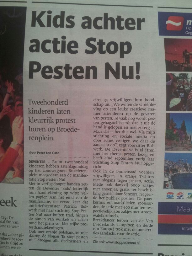 De Stentor over Stop Pesten Nu actie in Deventer