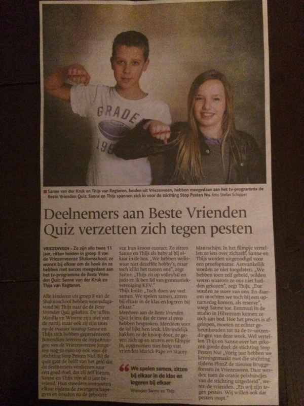 Thijs en Sanne Beste Vrienden Quiz voor Stichting Stop Pesten Nu