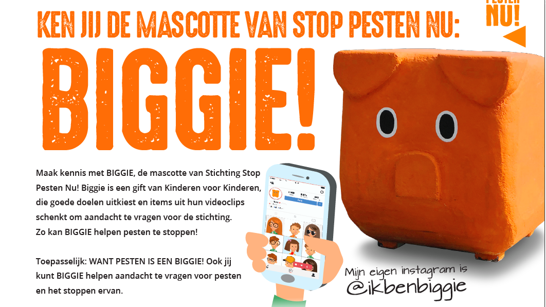 Mascotte BIGGIE van Stichting Stop Pesten Nu geschonken door Kinderen voor Kinderen